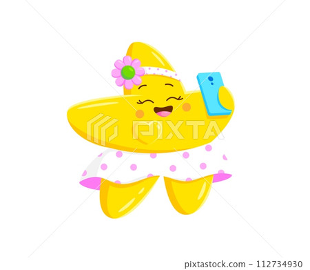 Cartoon kawaii star character takes a selfie. Isolated vector twinkle girl personage wearing skirt and headband, with happy eyes, rosy cheeks and smiling face, snaps a cheerful shots, radiating joy 112734930