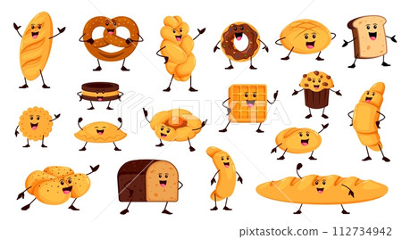 Cartoon funny bread and bakery characters. Vector loaf, pretzel, donut, toast and cookie. Braided or round shaped bread, khachapuri, cross bun, baguette and patty. Croissant, cupcake baked personages 112734942
