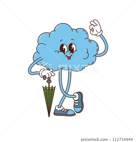 Groovy hippie cloud cute cartoon character. Groovy cute character, vintage happy rainy weather sticker or 60s cheerful blue cloud isolated vector mascot. Hippie funny climate personage with umbrella 112734944