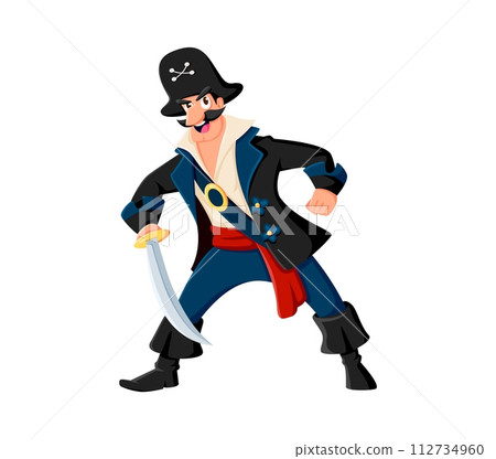 Cartoon funny pirate and corsair captain character in tricorn hat. Isolated vector swashbuckling sea rover personage with mustaches, holding saber, ready for high-seas adventures and treasure hunts 112734960