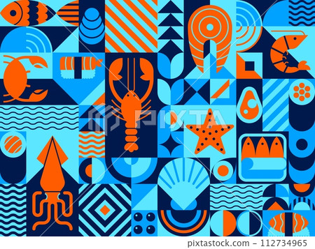 Abstract seafood modern geometric pattern. Geometrical shape vector layout or seafood pattern. Vintage print or collage, retro minimalism backdrop with squid, starfish, fish meat and crab, lobster Abstract seafood modern geometric pattern. Geometrical shape vector layout or seafood pattern. Vintage print or collage, retro minimalism backdrop with squid, starfish, fish meat and crab, lobster 112734965