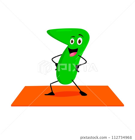 Cartoon math number seven character on yoga fitness sport. Isolated vector 7 engage in playful yogi pose, turning equations into stretches. Vibrant practice making learning enjoyable for young minds 112734968