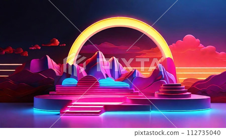 Abstract neon landscape scene with a podium for product display 112735040