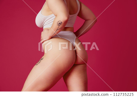 Cropped rear view portrait of plus-size female model posing holds hands on hips in white lingerie against pink studio background. Copy space. Cropped rear view portrait of plus-size female model posing holds hands on hips in white lingerie against pink studio background. Copy space. 112735225