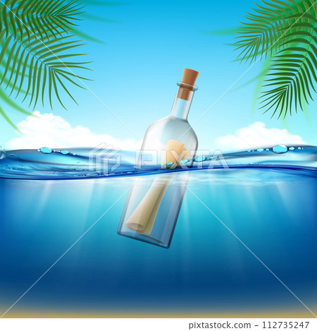 Glass bottle with a message in the water Glass bottle with a message in the water 112735247