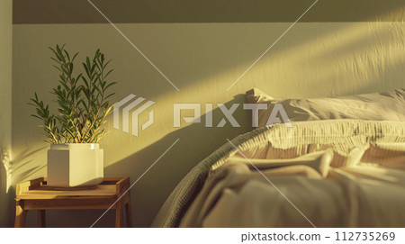 Scandinavian Style Bedroom with Linen and Cozy Lights 112735269