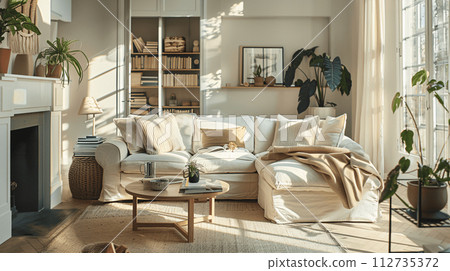 Scandinavian Style Living Room with Linen and Cozy Lights 112735372