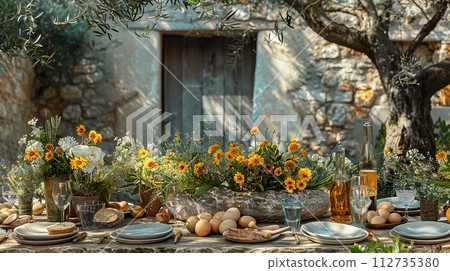 travertine stone decorated for party dinner travertine stone decorated for party dinner 112735380