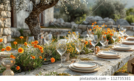 travertine stone decorated for party dinner travertine stone decorated for party dinner 112735381