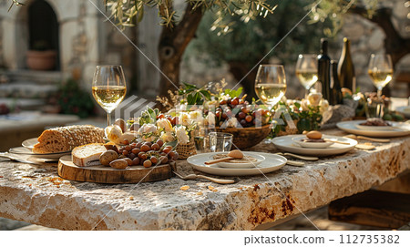 travertine stone decorated for party dinner travertine stone decorated for party dinner 112735382