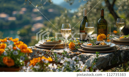 travertine stone decorated for party dinner travertine stone decorated for party dinner 112735383