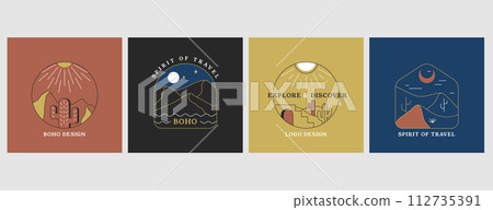Vector linear boho emblem or travel logo with cactus, sandy desert and sun Vector linear boho emblem or travel logo with cactus, sandy desert and sun 112735391