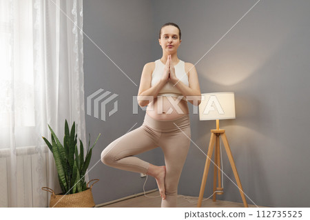 Attractive calm pregnant woman wearing beige top and leggings practicing yoga standing on one leg with praying gesture meditating in light living room interior 112735525