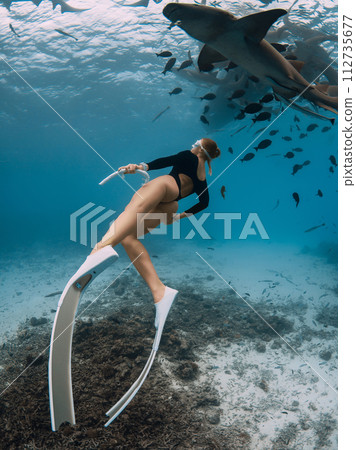 Woman freediver in tropical sea swim with nurse sharks in Bahamas 112735677