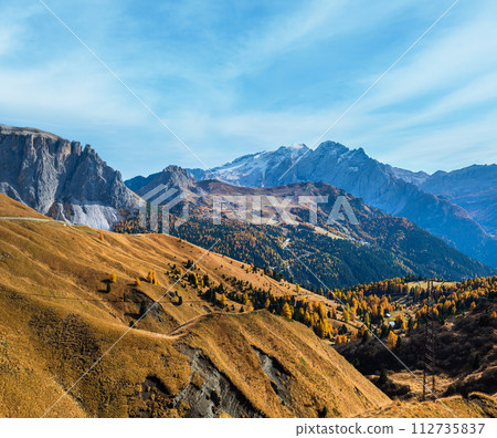 Autumn alpine Dolomites rocky  mountain scene, Sudtirol, Italy. Peaceful view near Sella Pass. 112735837