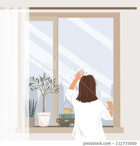 Woman is cleaning a window glass with rag and cleanser spray at home. Spring domestic work. Vector isolated illustration. 112735880