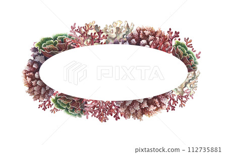 Oval coral frame. The underwater world. Hand-drawn watercolor painting. Aquarium, tropics, reefs. For labels, business cards and packaging, postcards and flyers, a template for lettering. Oval coral frame. The underwater world. Hand-drawn watercolor painting. Aquarium, tropics, reefs. For labels, business cards and packaging, postcards and flyers, a template for lettering. 112735881