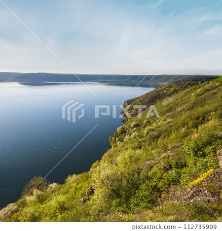 Amazing spring view on the Dnister River Canyon, Bakota Bay, Chernivtsi region, Ukraine. 112735909