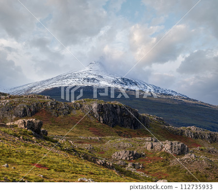 Beautiful mountain view during auto trip in Iceland. Spectacular Icelandic landscape with  scenic nature 112735933