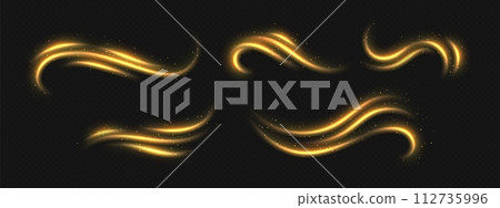Golden light trails, light in motion, glowing speed lines with sparkles. Bright gold decoration, luminescent swirls. 112735996