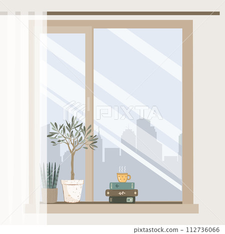Cozy window with hot coffee cup, interesting novel books, and cute plants on the window-sill. Foggy foggy city view behind the window. Vector isolated illustration 112736066
