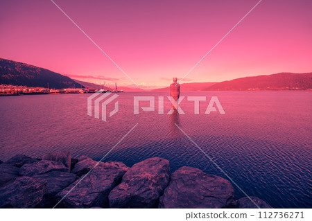 Panoramic view at fjord at sunset light. Mo i Rana, Norway Panoramic view at fjord at sunset light. Mo i Rana, Norway 112736271