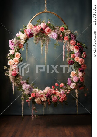 AI-generated content. Elaborate floral wreath hanging on a blue backdrop 112736312