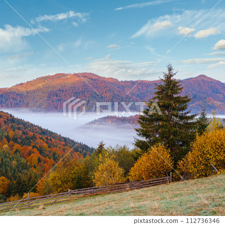 Cloudy and foggy autumn mountain early morning pre sunrise scene. Ukraine, Carpathian Mountains, Transcarpathia. 112736346