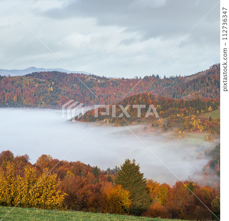 Morning foggy clouds in autumn mountain countryside.  Ukraine, Carpathian Mountains, Transcarpathia. 112736347
