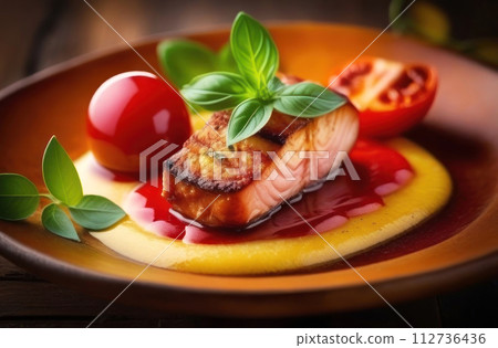 Savor the art of cuisine with this succulent pan-seared salmon 112736436