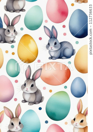 Watercolor hand drawn with sweet hand drawn bunnies, eggs and botanical elements seamless pattern. 112736633