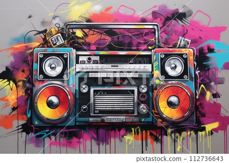 Colorful graffiti boombox mural on wall 112736643