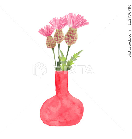 Composition of thistles in a pink vase.Watercolor illustration.Bouquet of wildflowers with leaves.Hand drawing.Simple stylized style. Spring botanical bouquet for Easter, mother's day, cards.Vector. 112736790