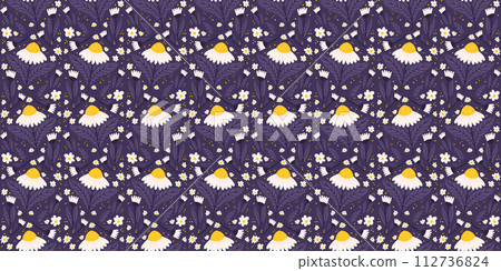 Uninterrupted Seamless pattern with daisy flowers in deep purple hues. Chamomile repeated surface pattern on a purple backdrop 112736824