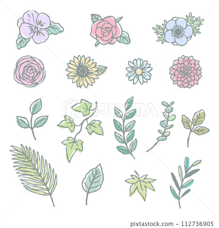 Various leaves and flowers icon illustration set hand-drawn line drawing 112736905