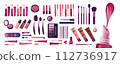 Cosmetics and fashion set with make up artist objects: lipstick, cream, brush. Realisic Vector Illustration. 112736917