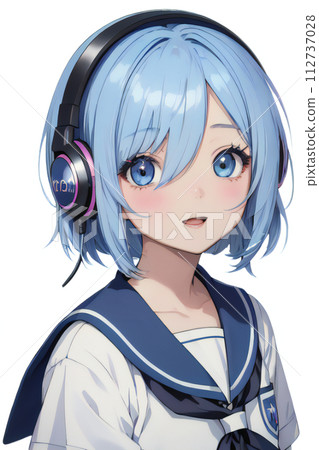 Illustration of a high school girl enjoying music with headphones 112737028
