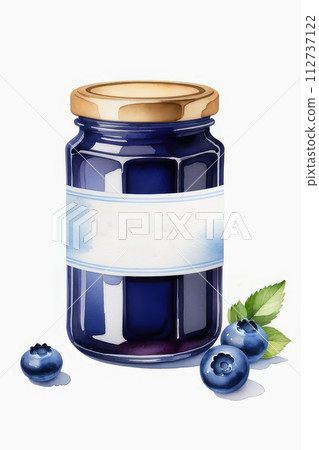 Glass jar of blueberry jam or marmalade and fresh berries blueberry on white background. 112737122