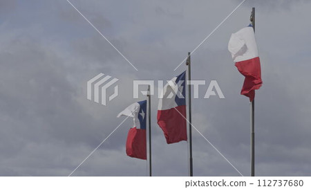 Three Chilean Flags Waving Slowly Against Blue Sky 112737680