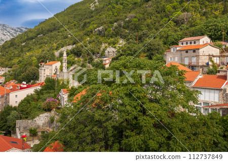 Houses of Perast, Montenegro, high angle view Houses of Perast, Montenegro, high angle view 112737849