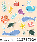 Cute cartoon underwater animals stickers pack. Hand drawn sea life elements for printing, poster, card, clothes. 112737920