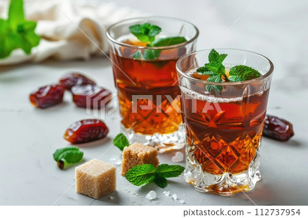 Moroccan tea in traditional glasses with mint, dates and sugar 112737954