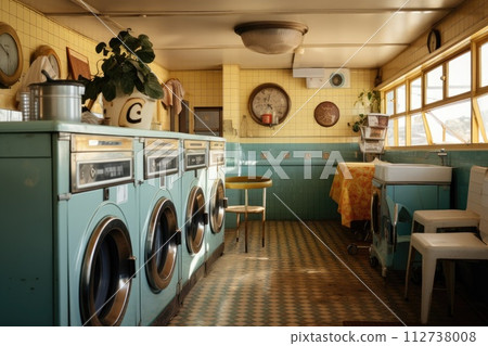 View inside a laundromat room with vintage decor and washing machines. 112738008