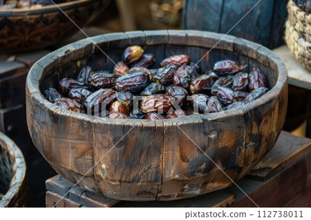 Wooden bowl filled with dates 112738011