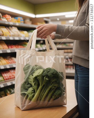 Hands holding reusable bag 112738027