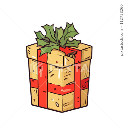 Gift vector illustration. Christmas New Year decoration box. Drawn in cartoon watercolor style isolated on a white background. Gift vector illustration. Christmas New Year decoration box. Drawn in cartoon watercolor style isolated on a white background. 112738260
