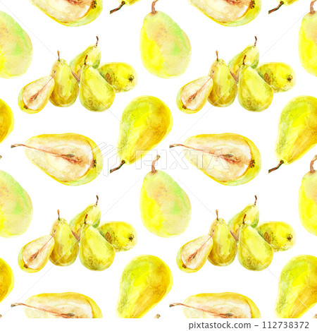 Pattern of fresh ripe yellow honey pear fruits. Hand drawn watercolor illustration. Delicious aromatic fruit ripened on a tree 112738372