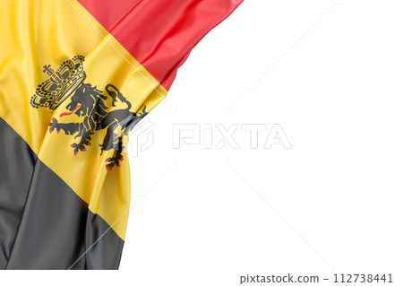 Flag of Belgium with coat of arms in the corner on white background. Isolated. 3D Rendering Flag of Belgium with coat of arms in the corner on white background. Isolated. 3D Rendering 112738441