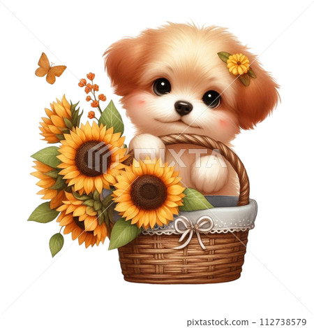 Dog cute with monthly flower clipart watercolor  112738579