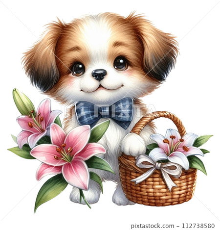 Dog cute with monthly flower clipart watercolor  112738580